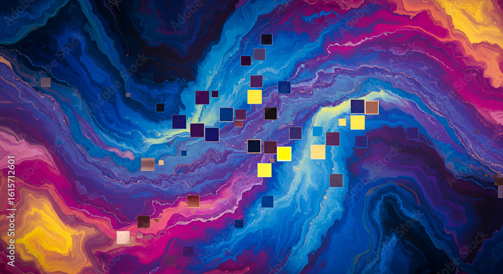 Poster abstract painting with colorful swirls and floating pixelated square elements
