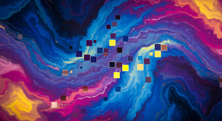 Abstract painting with colorful swirls and floating pixelated square elements