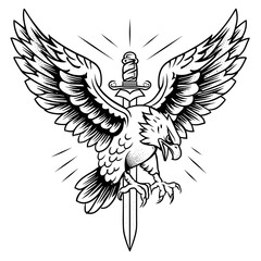 Obraz premium tattoo, A detailed monochrome illustration of an eagle with widespread wings, gripping a vertical sword with its talons,