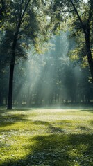Obraz premium Sunlight Streaming Through the Forest on a Green Meadow