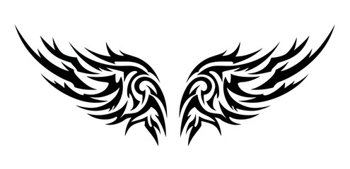 Obraz premium tattoo, Artistic depiction of symmetrical tribal style wings with intricate sharp line patterns,