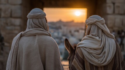 The Samaritan and donkey approaching the city gate at sunrise with golden light behind them.


