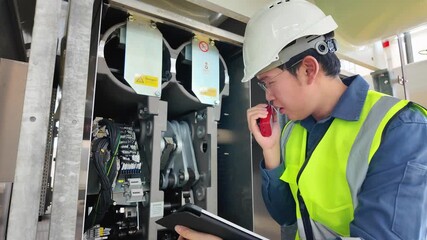Power circuit breaker inspection substation technician wearing safety helmet vest using radio communication checking electrical equipment maintenance safety compliance tasks