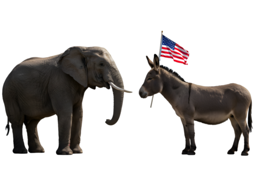 Political Illustration Of An Elephant And Donkey With American Flag - Powered by Adobe