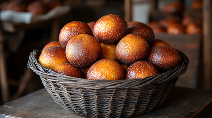 A wicker basket filled with dark brown, round baked goods sits on a wooden surface.