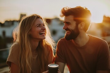 Happy couple shares laughter and coffee on a rooftop terrace