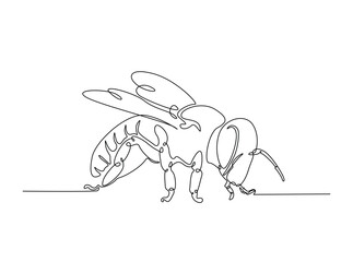 Flying honeybee in single outline illustration. Continuous line art drawing of honey bee.