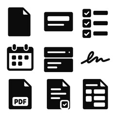 Obraz premium Editable Form Icons. Solid style icons of editable forms and templates: blank form sheet, editable field box, checkbox list, date