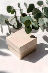 Beige gift box with eucalyptus leaves and shadows present