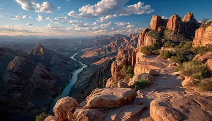 Aerial view of canyon trail in Moab, Utah during golden hour: Photorealistic 4K landscape for travel posters, nature documentaries, digital wallpapers, or outdoor designs. Modern, vibrant style with l