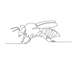Flying honeybee in single outline illustration. Continuous line art drawing of honey bee.