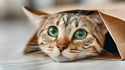 Curious tabby cat peeking from a paper bag.