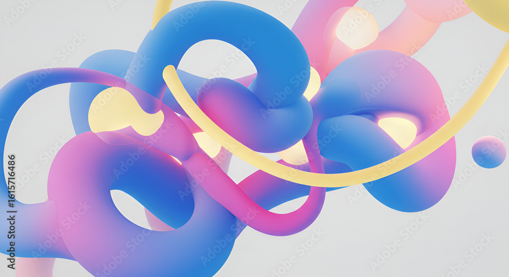 Poster colorful abstract 3d composition with dynamic shapes and playful gradient