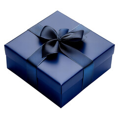 Elegant dark blue gift box tied with a textured ribbon and bow isolated on transparent background