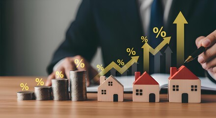 Real estate investment growth concept with a businessman analyzing rising property values, mortgage interest rates, and financial returns on a chart.