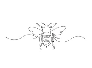 Flying honeybee in single outline illustration. Continuous line art drawing of honey bee.
