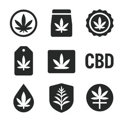 Cannabis Branding Icons. Solid style icons of cannabis branding and identity: logo with cannabis emblem, hemp packaging design,