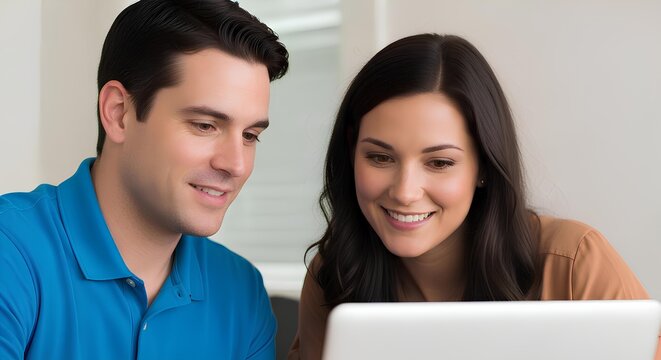 A smiling young couple enjoying their digital connection, looking at a laptop screen together for entertainment or planning at home.