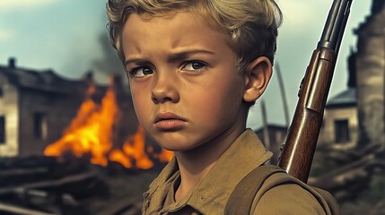 Close-up of Russian boy with rifle during 1941 war, wearing 1940s village clothes with burning village in background.