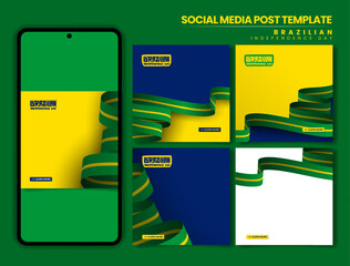 Brazil independence day. Set of carousel post design with waving green ribbon with yellow strip