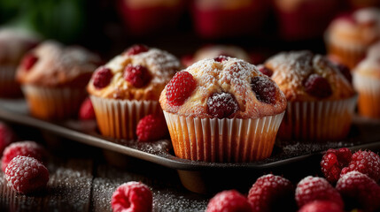 Freshly Baked Raspberry Muffins with Powdered Sugar in a Muffin Tin. This image is extremely useful for commercial and editorial purposes in the food and beverage industry.

