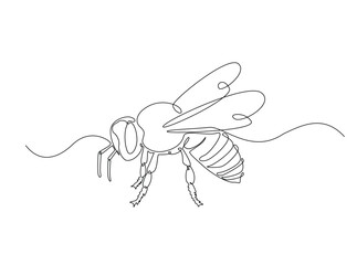 Flying honeybee in single outline illustration. Continuous line art drawing of fly.