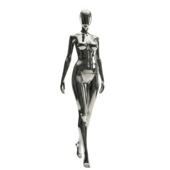 Obraz premium Metallic Chrome Mannequin Walking Forward Isolated on Transparent Background