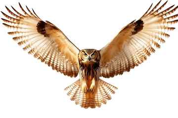 Majestic great horned owl in mid flight with wings fully extended isolated on transparent background