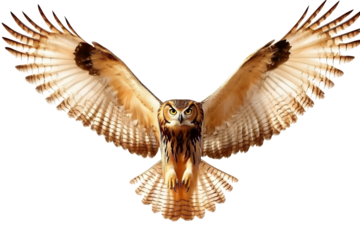 Majestic great horned owl in mid flight with wings fully extended isolated on transparent background
