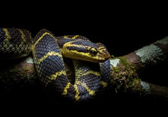 Obraz premium Green Tree Python on Branch in Low Light Macro Wildlife Photography