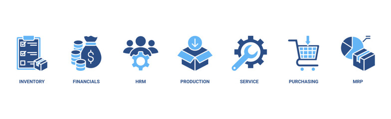 ERP banner web icon vector illustration concept for enterprise resource planning with icon of inventory, financials, hrm, production, service, purchasing, and mrp