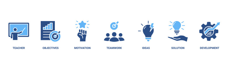 Workshop banner web icon vector illustration concept with icon of teacher, objectives, motivation, teamwork, ideas, solution, and development