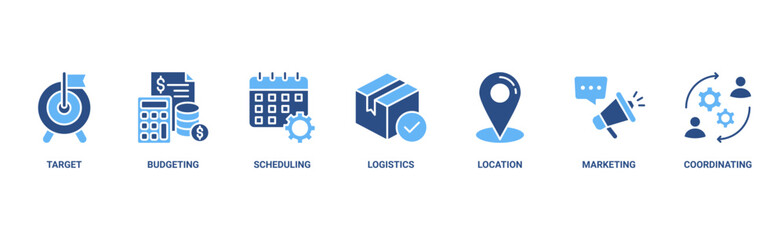 Event management banner web icon vector illustration concept with icon of target, budgeting, scheduling, logistics, location, marketing, and coordination