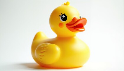 A vibrant plastic duck with expressive facial features stands against a plain background.