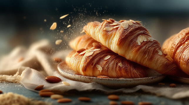 Close-up of a Beautifully Styled Croissant with slided almonds. This image is perfect for upscale commercial and editorial use, particularly for high-end bakeries, cafes, and food publications. 