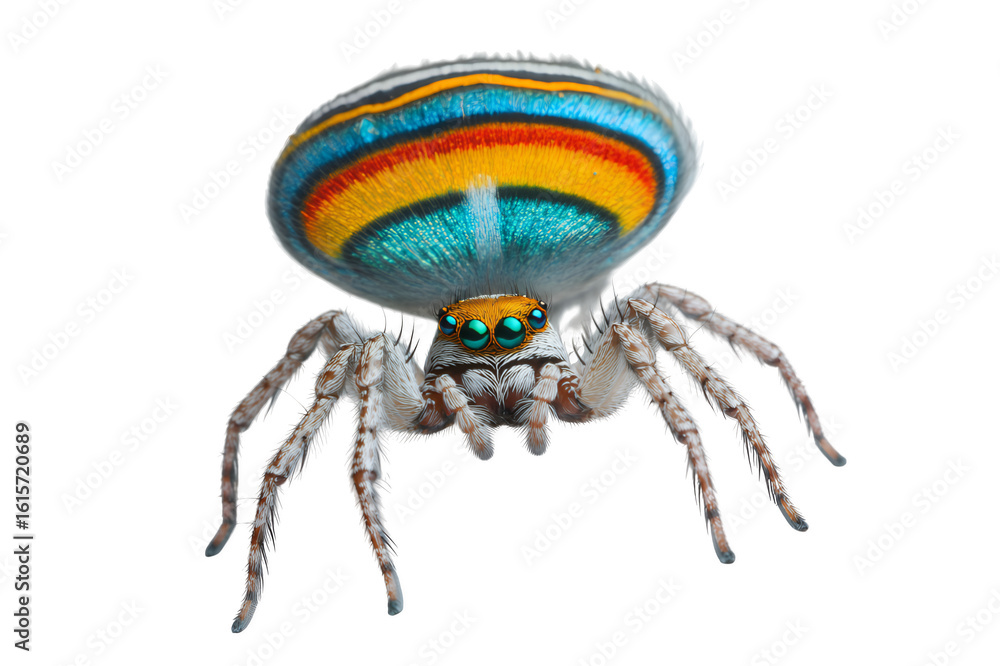 Poster vibrant maratus volans peacock spider with rainbow abdomen displaying intricate patterns isolated on