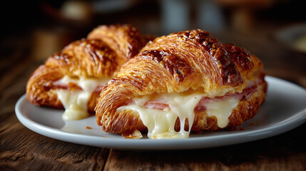 Melted Cheese and Ham Croissant for Breakfast or Brunch. This image is perfect for cafe and bakery menus, food blogs, breakfast or brunch promotions, and food-related advertisements. 