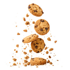 Chocolate chip cookies are falling and floating in the air on a transparent background in studio