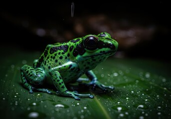 Obraz premium Macro poison dart frog on leaf dark background