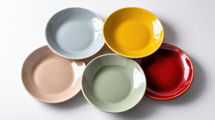 Set of different colored ceramic plates viewed from above on white background, useful for online tableware stores 