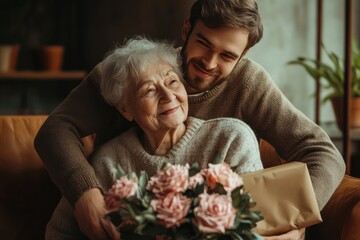 Happy man hugs elderly mother with gift and flowers