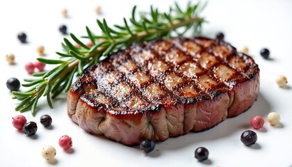 Luscious grilled steak garnished with rosemary and peppercorns.