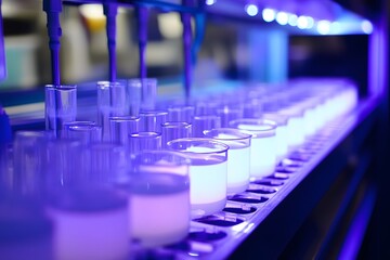 a laboratory setting under a strong blue light
