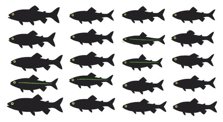 Pixel Art Illustration: School of Fish with Green Lights on Transparent Background