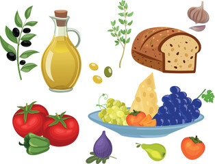 Mediterranean Diet Food Set – Flat Vector Illustration of Healthy Ingredients
