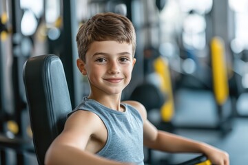 Fototapeta premium Young boy exercising in modern gym environment