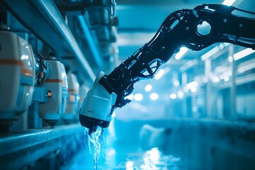 a dark, articulating robotic arm in a cool toned, industrial setting