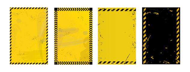 Yellow caution sign boards in grunge style with black lines. Realistic warning signboard, vertical banner template, road shield. Vector illustration with grain, old texture, stain and scratch.	