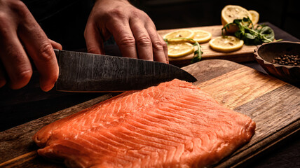 Chief cutting salmon red fish for healthy dinner. Red salmon it's a good source of Omega-3 acid