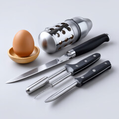 Set of metal kitchen slicers including egg slicer, knife and cutting tools on neutral white background for culinary product showcase 
